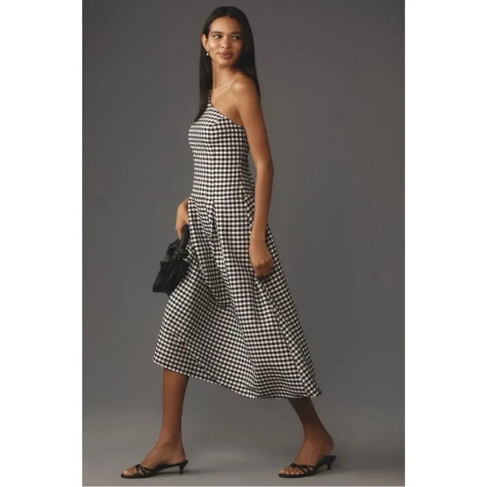 NEW By Anthropologie Black & White One-Shoulder Drop Waist Gingham Dress Small - Picture 3 of 7